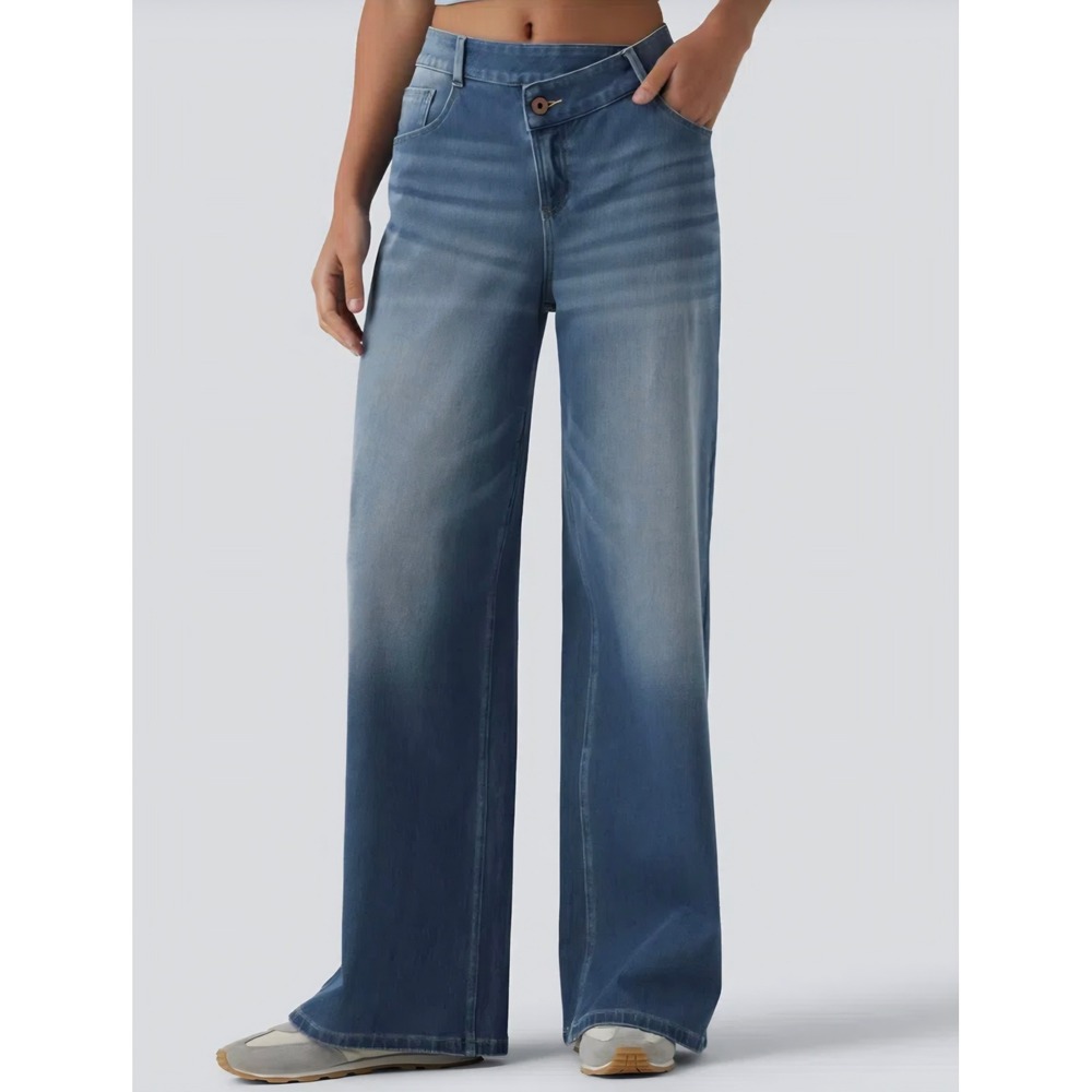 Halara Flex™ Asymmetric Mid Rise Wide Leg Casual Jeans with Pockets *READ